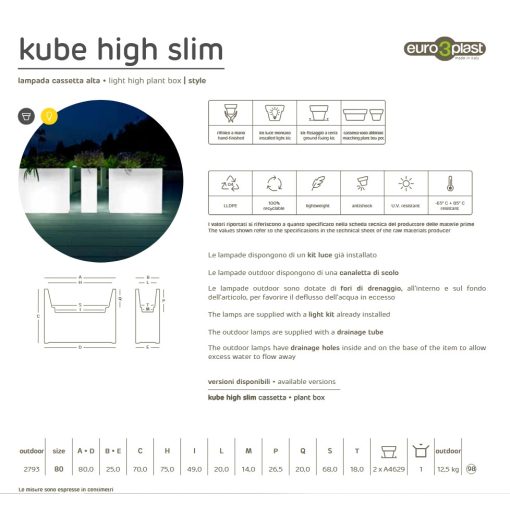 KUBE HIGH SLIM Light cassetta plant box  80x25x70 cm