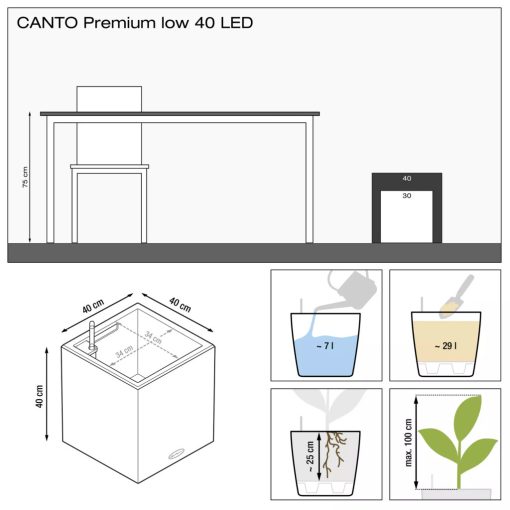 Lechuza CANTO Premium 40x40x40 cm low LED silver metallic 