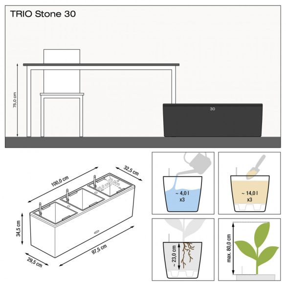 Lechuza TRIO Stone 30 kiemelhető belsővel és önöntöző készlettel 